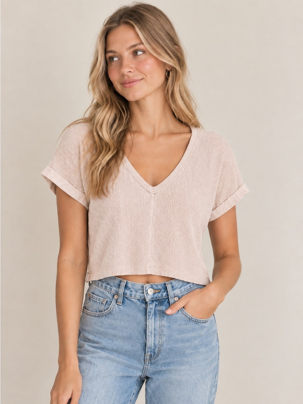 Altar’d State V-Neck Cropped Knit Top - Blush